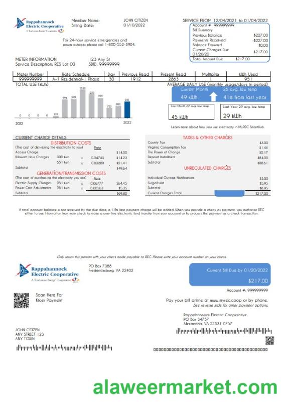 USA Rappahannock Electric Cooperative utility bill template in Word and PDF format